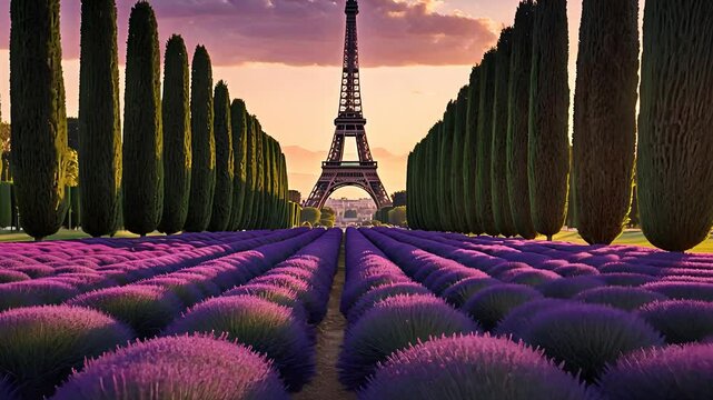 Lavender Field with Rows of Purple Flowers Leading to the Eiffel Tower at Sunset with Lush Green Trees in Paris


