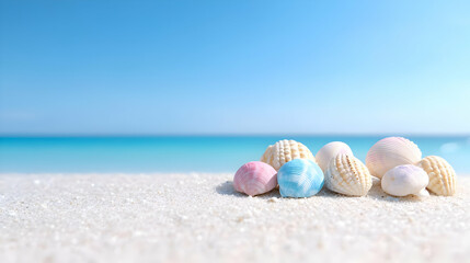 Obraz premium Seashells on sunny beach, turquoise ocean background; summer vacation