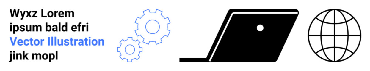 Laptop silhouette, globe icon, and gears symbolize technology, global connection, and innovation. Ideal for IT solutions, software, business strategy, workflow digital tools global outreach