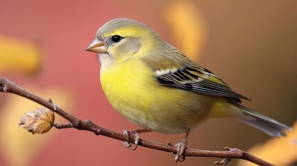 Obraz premium Vibrant Yellow Bird Perched on Branch Amidst Autumn Colors