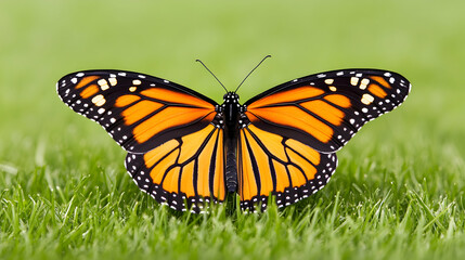 Obraz premium Monarch butterfly on green grass, nature background, perfect for nature, spring, or wildlife projects