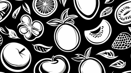 Monochrome fruit pattern background; apples, oranges, peaches, and strawberries; seamless design for textile or website