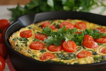 Fresh herb and spinach frittata served in a cast iron skillet