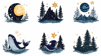 Mystical night scenes moon, whale, stars, mountains, forests. Perfect for children's books, cards, or prints