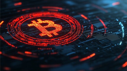 A digital representation of the Bitcoin symbol in red, set against a high-tech, futuristic background that suggests blockchain technology and cryptocurrency.