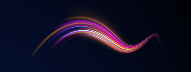 Creative vector illustration of flying cosmic meteor, planetoid, comet, fireball isolated on transparent background. Effect, png, wave,neon,line. Light arc in neon colors, in the form of a turn.