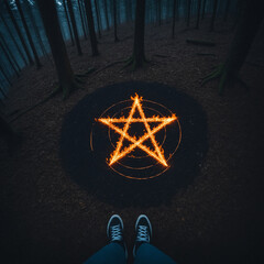Burning pentagram in a dark forest.