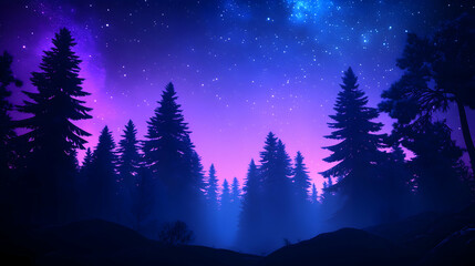 Night forest, purple and blue nebula sky, misty ground, peaceful scene, ideal for fantasy backgrounds