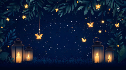 Night garden scene with glowing lanterns, butterflies, and stars; ideal for greeting cards or website backgrounds