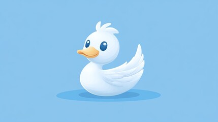 Cute white duckling cartoon, floating, blue background, children's illustration