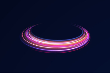 Creative vector illustration of flying cosmic meteor, planetoid, comet, fireball isolated on transparent background. Effect, png, wave,neon,line. Light arc in neon colors, in the form of a turn.