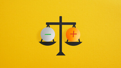 Pros and cons scale as value, solution and rationality balance. Plus and minus on scales. Pros and cons equilibrium in decision making