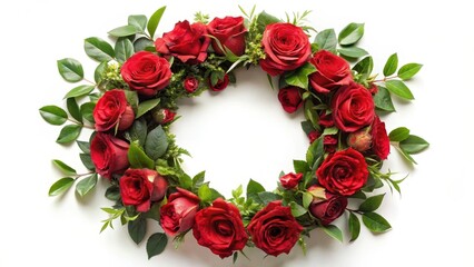 Fototapeta premium Red roses and greenery intertwined in a beautiful floral wreath, nature, leaves