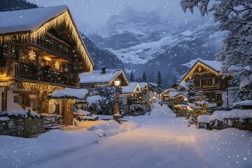 Naklejka premium Snowy alpine village with festive lights on cozy winter evening