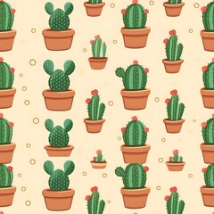 Repeating Pattern of Cartoon Cacti in Terracotta Pots