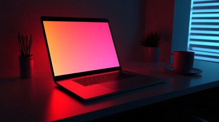 Laptop with a colorful screen, coffee cup, and pencils on a desk in a red and blue lit room