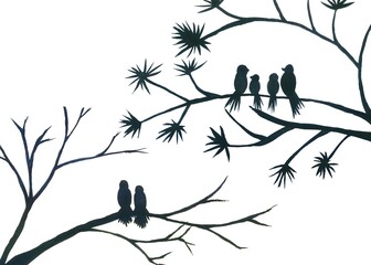 Watercolor silhouette of a bird family(father, mother and two children) on tree branch and a bird couple (two birds) on a tree branch its no leaf isolated on white background with copy space.
