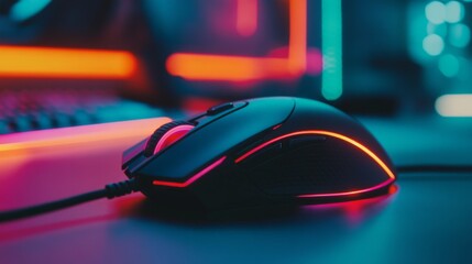 A black gaming mouse with lights is in the front view. It's angled 45 degrees from the front and set on a white surface.