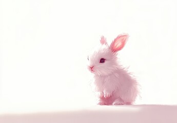 Obraz premium Adorable white bunny rabbit sitting on a soft pink surface, brightly lit against a white background. Soft, fluffy fur and delicate features