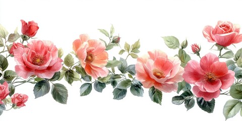 Elegant floral border with watercolor pink roses and fresh green leaves