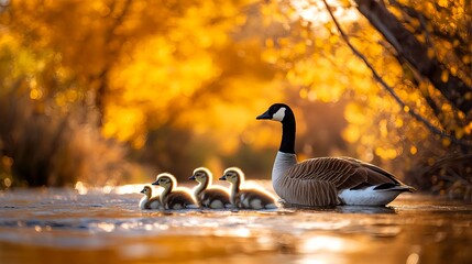 Fototapeta premium Golden hour: A Canada goose guides her goslings across a tranquil autumn stream.