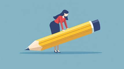Fototapeta premium Young Businesswoman Drawing Business Graph on Tablet with Big Pencil as an Arrow
