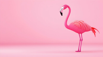 Pink flamingo standing on pink background, summer, tropical, minimalist design, for website banners