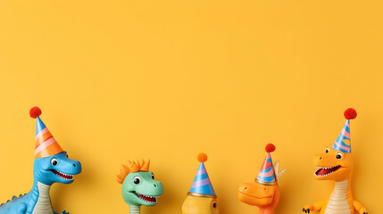 Playful dinosaurs party hats yellow background; kids birthday invitation