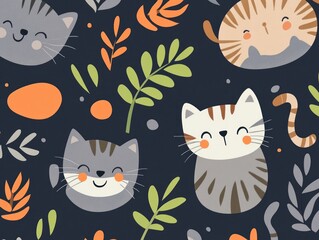 Happy cats floral seamless pattern, textile design