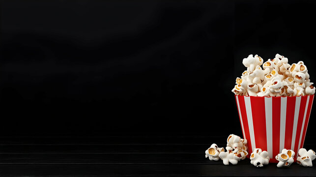Popcorn in striped bucket on dark wood, movie night, ample copy space