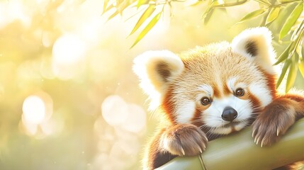 Obraz premium Adorable Red Panda clings to bamboo, bathed in sunlight. A heartwarming wildlife moment.