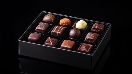 Delicious dark chocolates in a box. Sweets for a special treat. A fancy box of chocolates. Shiny black box, beautiful reflection