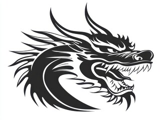 Obraz premium Black and white illustration of a dragon's head, detailed with sharp lines and intricate patterns. The dragon is depicted in profile, with an open