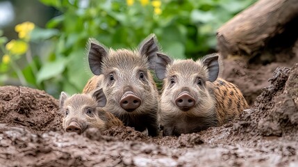 Three adorable wild boar piglets playfully emerge from mud, curious eyes peering out.