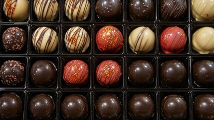 Indulge in a delightful assortment of gourmet chocolates, captured in a close-up shot that highlights their rich texture and delectable details.