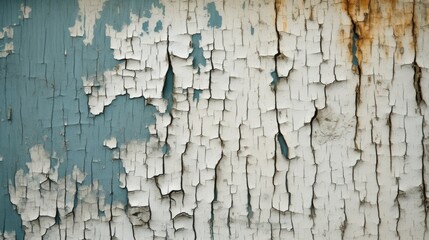 Obraz premium Detailed Close-Up of Peeling Paint on a Wooden Surface Revealing Layers of Texture and Color Contrast, Perfect for Artistic or Design Applications