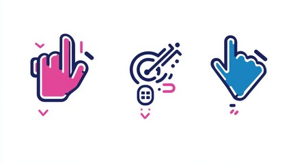 Obraz premium Mouse pointer symbols used for clicking and loading. Includes pointing hand, standard cursor, and loading icon.