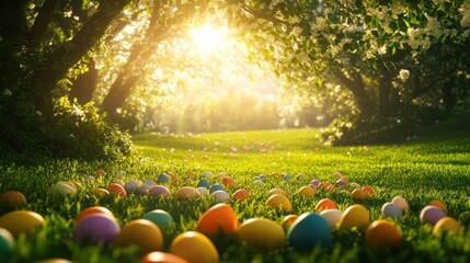 Easter background featuring a colorful egg hunt in a lush green field with bright spring sunlight filtering through the trees.