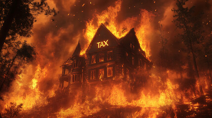 Fiery Inferno Consumes Large House At Night Keywords fire, house, burning, destruction, flames, inferno, blaze, building, orange, red, night, darkness, smoke, emergency, disaster, danger, loss