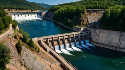 Fototapeta premium Hydroelectric dam in the mountains with water flowing into a lake, surrounded by a bridge, reservoir, and a scenic landscape