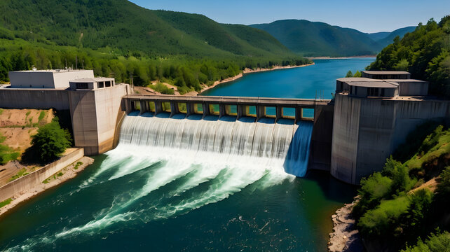 Hydroelectric dam on a river surrounded by mountains with a reservoir and power station