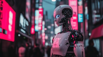 Obraz premium Futuristic robot stands in neon-lit cityscape at night