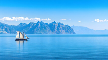Sailboat on calm lake, majestic mountains backdrop, sunny day, travel poster