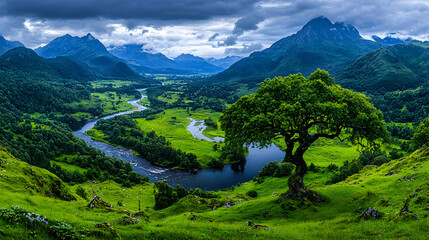 Panoramic view of a valley river, mountains, and lone tree