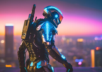 A futuristic cyber warrior in advanced exoskeleton armor 