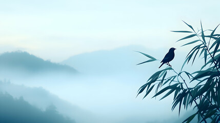 Serene bird perched on bamboo, misty mountain backdrop, peaceful landscape, ideal for meditation or nature themes