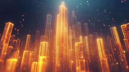 Obraz premium A vibrant, glowing cityscape with towering structures, illuminated by golden light, creating a futuristic and dynamic atmosphere.