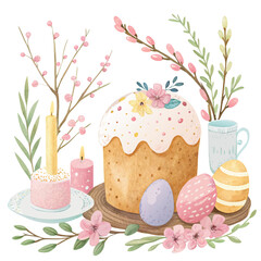Easter picture of kulich, candles, eggs and willow tree