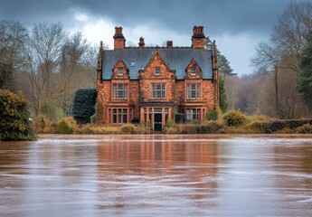 Obraz premium A large, brown brick house partially submerged in muddy floodwaters under a cloudy sky. The reflection of the house is visible in the water. Trees