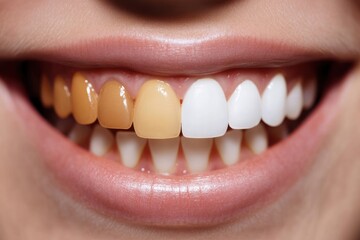 Obraz premium Close-up of a smiling person showcasing teeth color differences